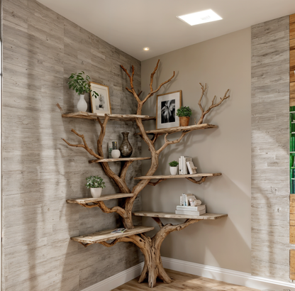Tree Corner Floating Bookshelf – Rustic Driftwood Branch Bookcase
