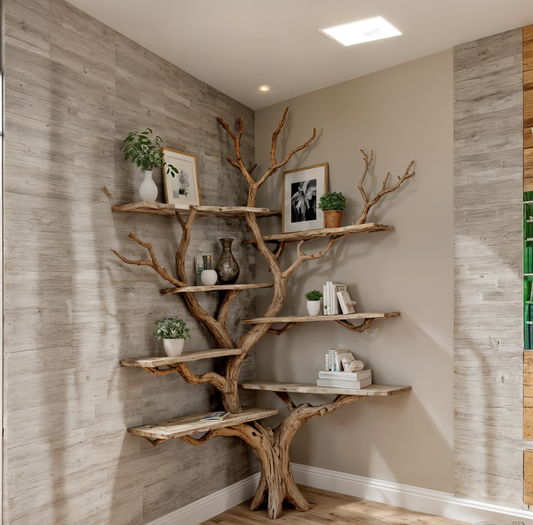 Tree Corner Floating Bookshelf – Rustic Driftwood Branch Bookcase