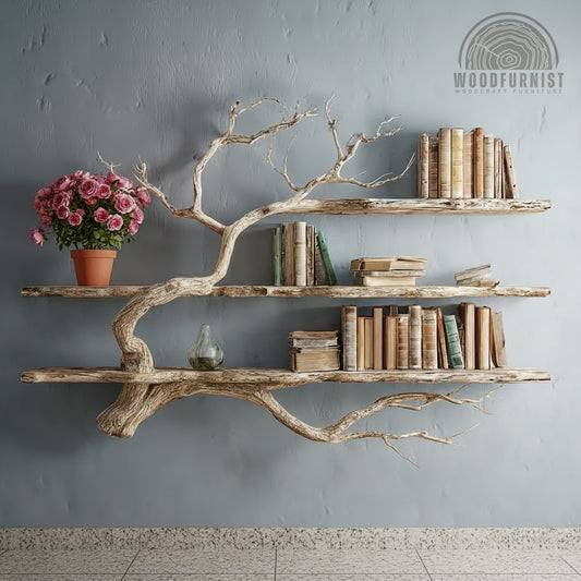 Corner Tree Floating Bookshelf – Driftwood Branch Wall Mounted Hanging Shelf, Artistic Corner Furniture Decoration WFNED2112