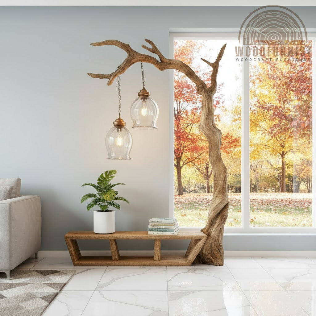 Aspenvale Sculptural Wood Floor Lamp with Bench shown in full view, handcrafted from natural solid wood