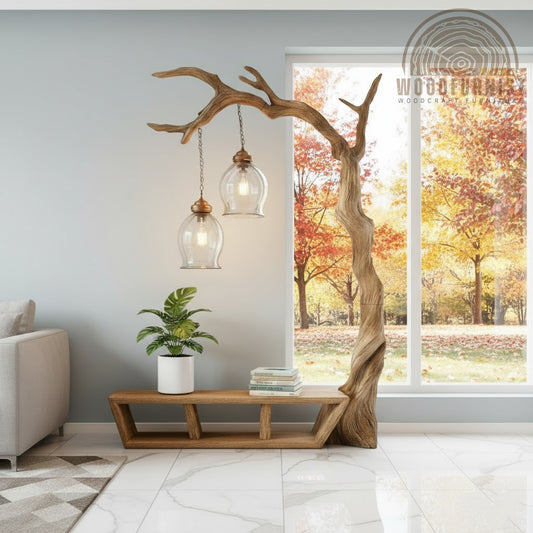 Handcrafted Tree Branch Floor Lamp with Wooden Bench – Sculptural Solid Wood Lighting WFNED0191