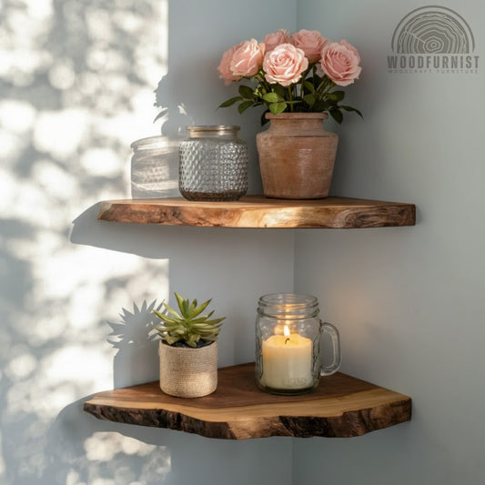 Live Edge Corner Floating Shelf – Handcrafted Solid Wood Wall Shelf for Natural Home Decor WFNED2166