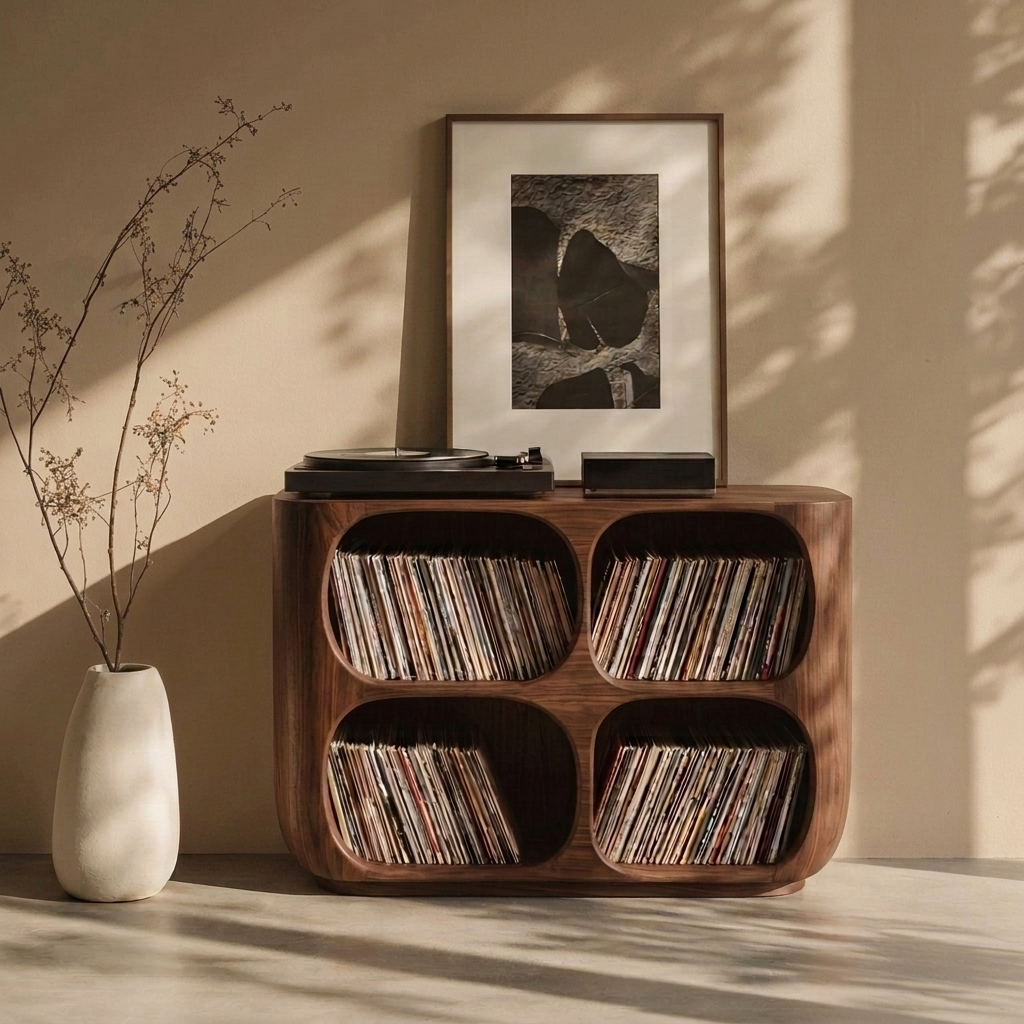 Handcrafted Solid Wood Vinyl Record Storage Cabinet – Mid Century Modern LP Stand, Wooden Media Console for Turntable & Record Collection