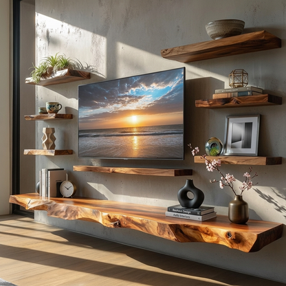 Handcrafted Solid Wood Floating Shelves – Live Edge Wood TV Wall Shelf, Rustic Floating Media Console, Modern Wall Storage Decor