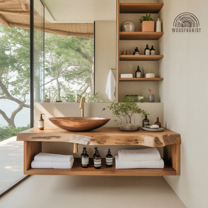 Floating Bathroom Vanity with Open Shelf – Solid Wood Wall Mounted Vanity with Storage
