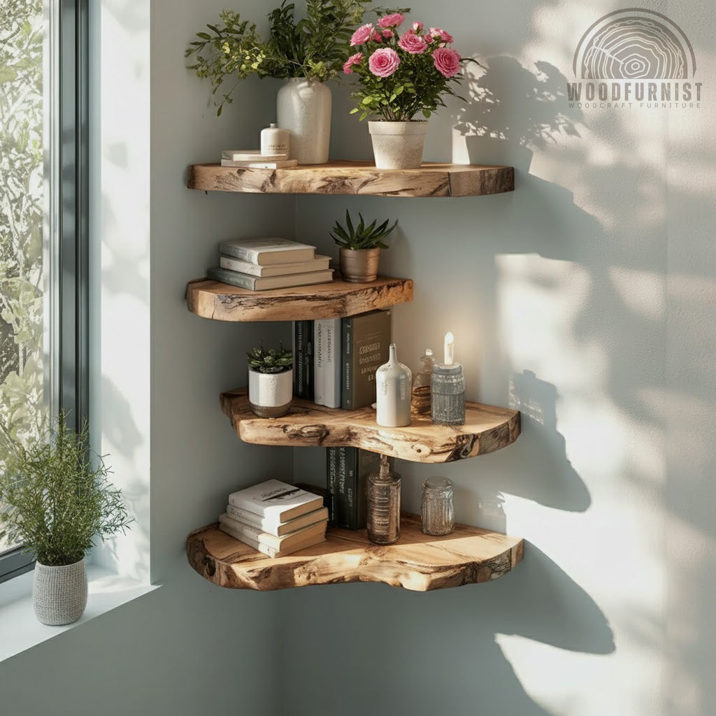 Live Edge Corner Floating Shelves – Handcrafted Solid Wood Corner Wall Storage WFNED2168
