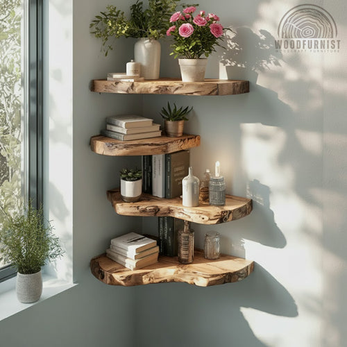 Live Edge Corner Floating Shelves – Handcrafted Solid Wood Corner Wall Storage WFNED2168