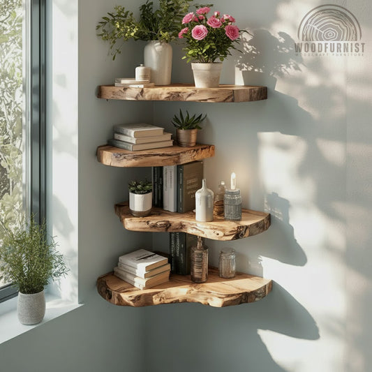 Live Edge Corner Floating Shelves – Handcrafted Solid Wood Corner Wall Storage WFNED2168