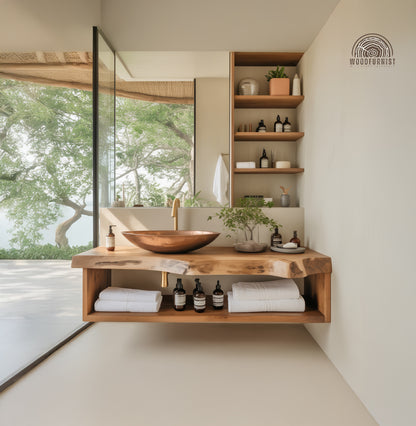 Floating Bathroom Vanity with Open Shelf – Solid Wood Wall Mounted Vanity with Storage