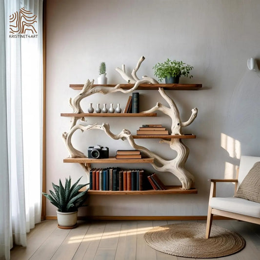 Handcrafted Driftwood Tree Live Edge Shelf, Natural Wooden Shelving Unit