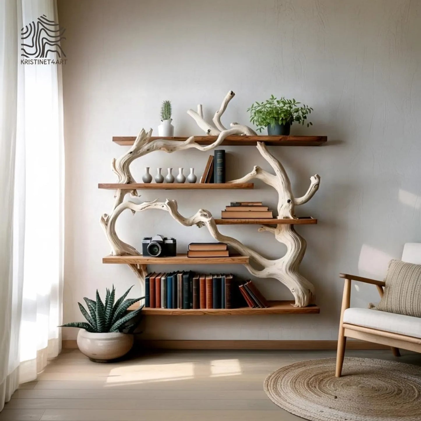 Handcrafted Driftwood Tree Live Edge Shelf, Natural Wooden Shelving Unit
