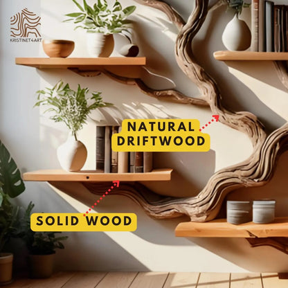 Solid Driftwood Branch Tree Wall Bookshelf, Rustic Floating Shelf Art