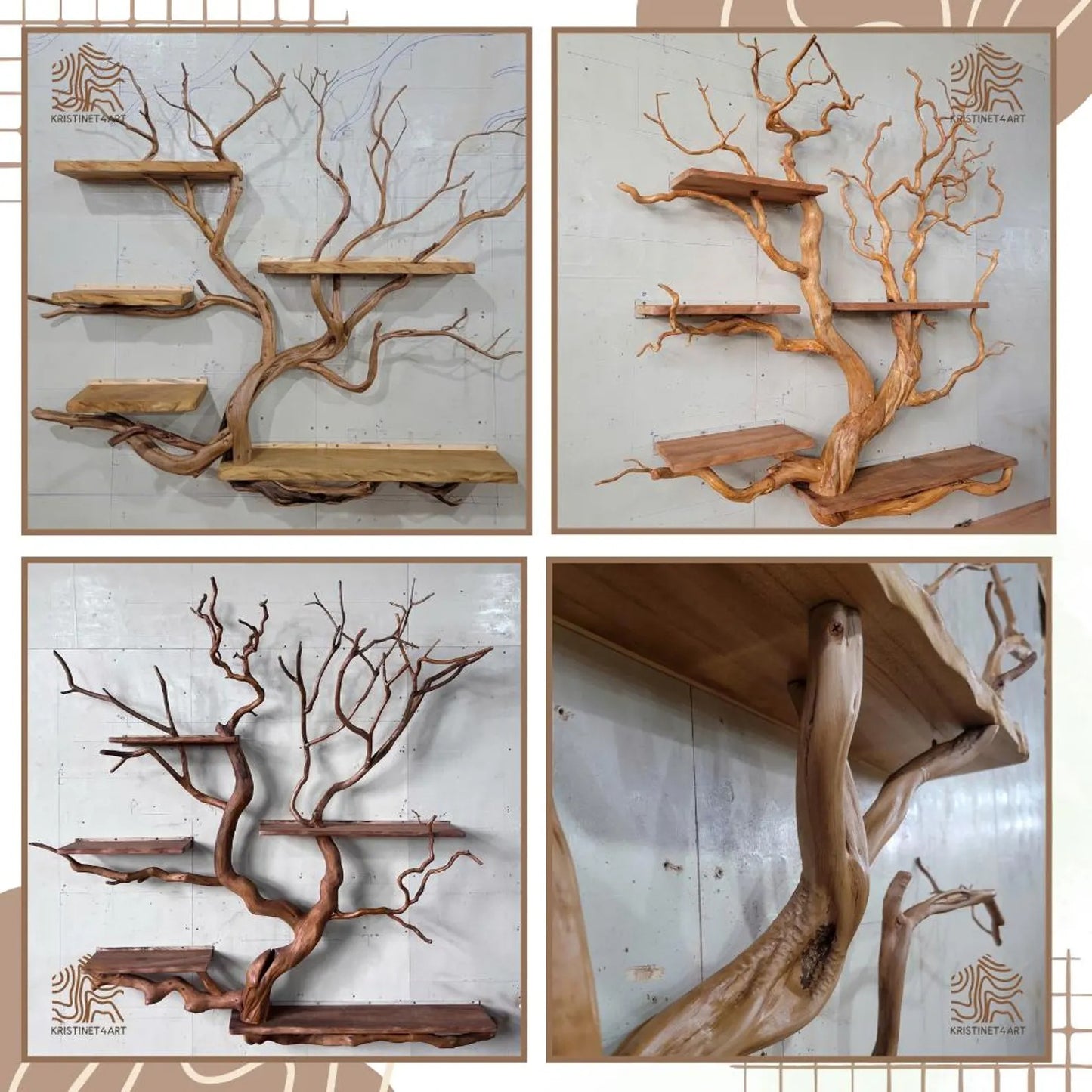 Solid Driftwood Branch Tree Wall Bookshelf, Rustic Floating Shelf Art