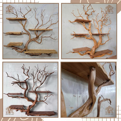 Solid Driftwood Branch Tree Wall Bookshelf, Rustic Floating Shelf Art