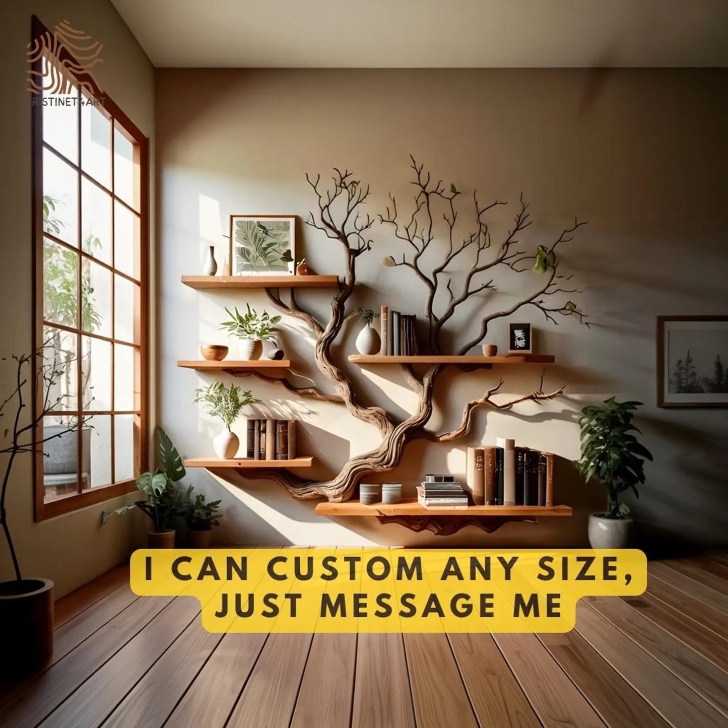 Solid Driftwood Branch Tree Wall Bookshelf, Rustic Floating Shelf Art