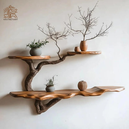 Custom Size Live Edge Tree Branch Wooden Shelves, Handmade Natural Wall Art Shelf