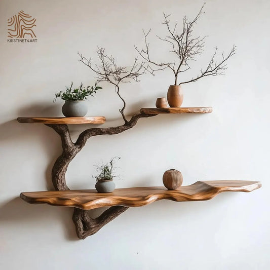 Custom Size Live Edge Tree Branch Wooden Shelves, Handmade Natural Wall Art Shelf