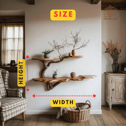 Custom Size Live Edge Tree Branch Wooden Shelves, Handmade Natural Wall Art Shelf