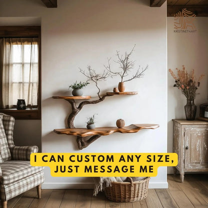 Custom Size Live Edge Tree Branch Wooden Shelves, Handmade Natural Wall Art Shelf