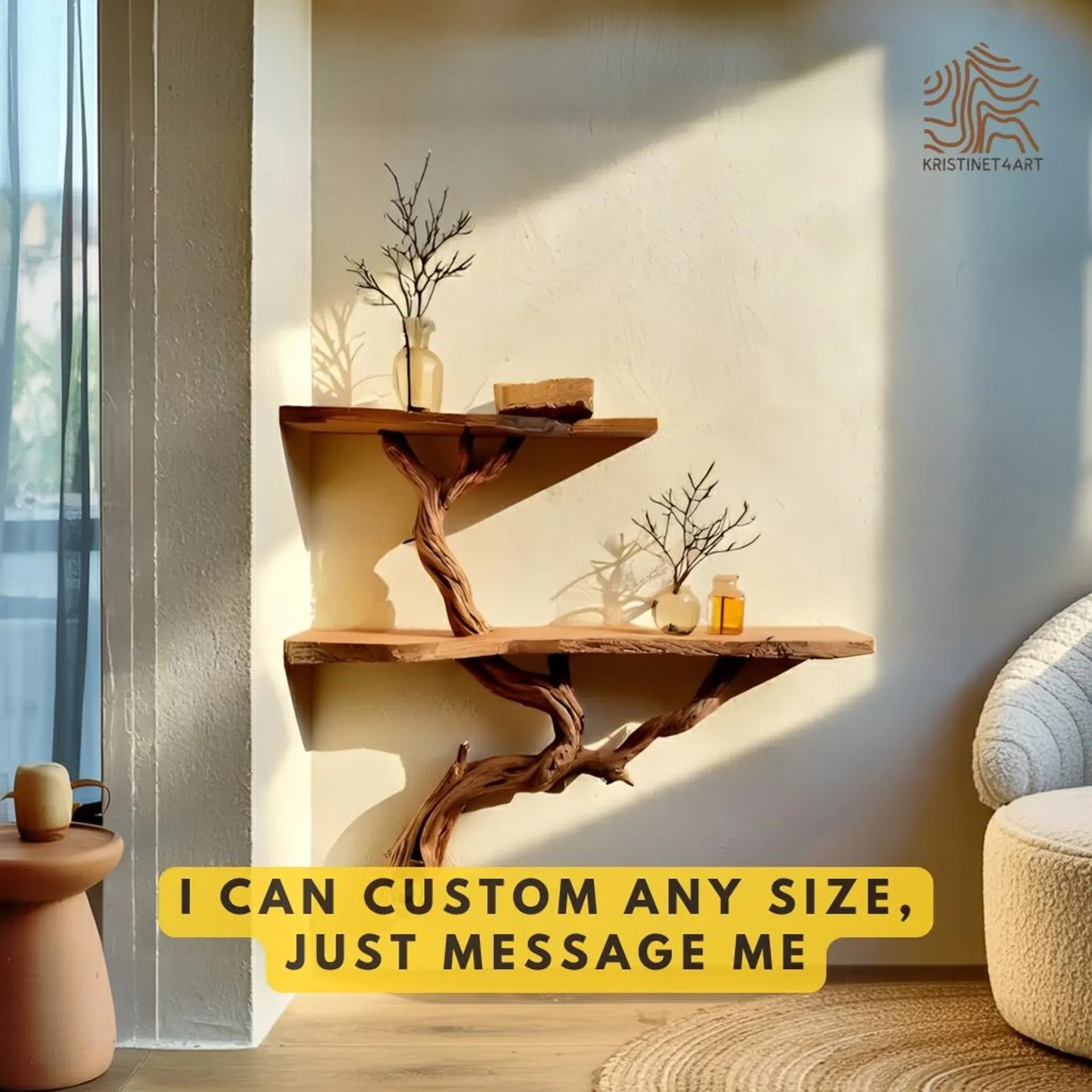 Custom Size Rustic Tree Branch Wall Shelf, Handmade Live Edge Wood Shelves