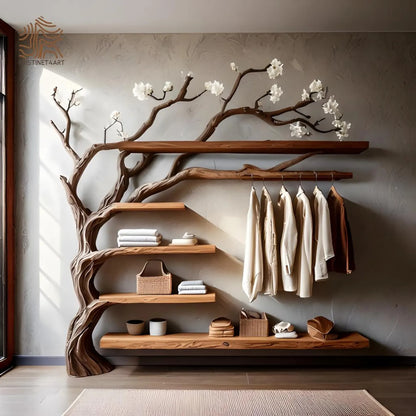 Custom size Tree Branch Wooden WallShelf with Hanging Rack