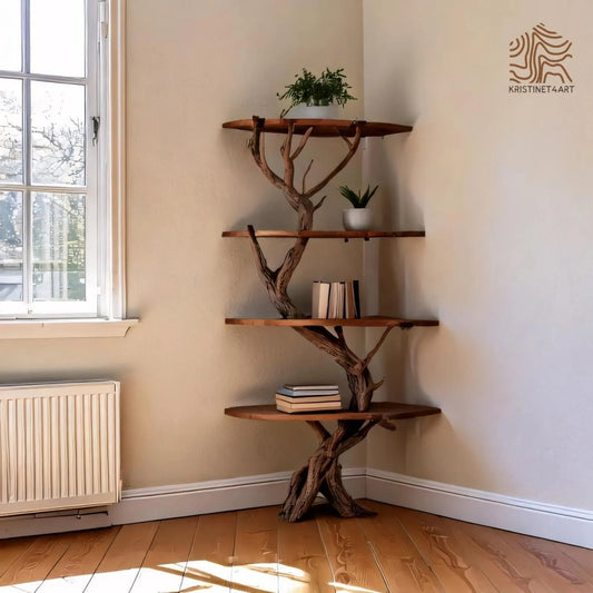 Custom size Corner Tree Branch Shelf, Handmade Rustic Wooden Corner Bookshelf