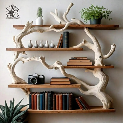 Handcrafted Driftwood Tree Live Edge Shelf, Natural Wooden Shelving Unit