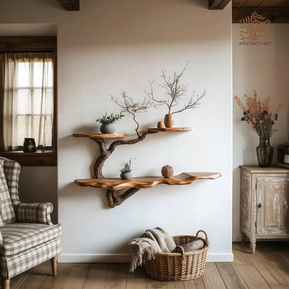 Custom Size Live Edge Tree Branch Wooden Shelves, Handmade Natural Wall Art Shelf