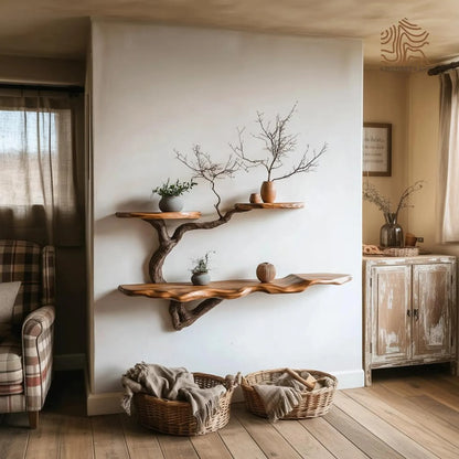 Custom Size Live Edge Tree Branch Wooden Shelves, Handmade Natural Wall Art Shelf