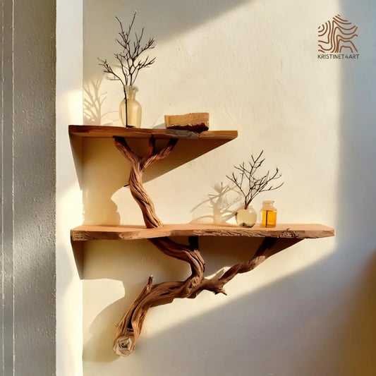 Custom Size Rustic Tree Branch Wall Shelf, Handmade Live Edge Wood Shelves