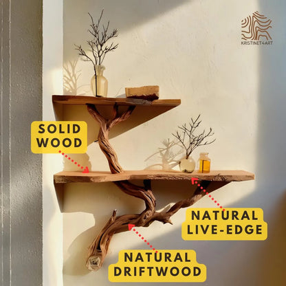 Custom Size Rustic Tree Branch Wall Shelf, Handmade Live Edge Wood Shelves