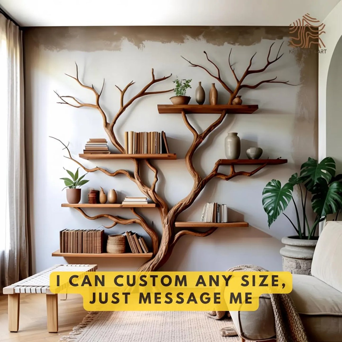Custom size Driftwood Branch Tree Wall Bookshelf, Rustic Floating Shelf