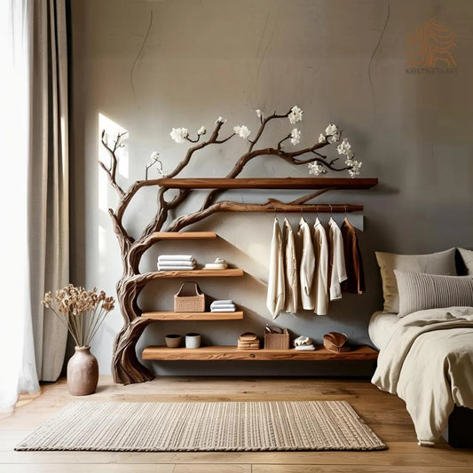 Custom size Tree Branch Wooden WallShelf with Hanging Rack