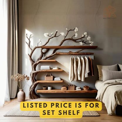 Custom size Tree Branch Wooden WallShelf with Hanging Rack