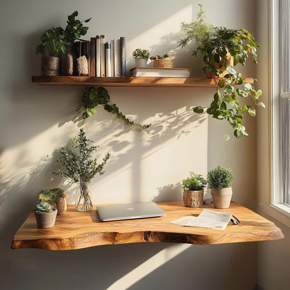 Live Edge Floating Desk Rustic Solid Wood Wall Mounted Table Custom Home Office & Desk Decor