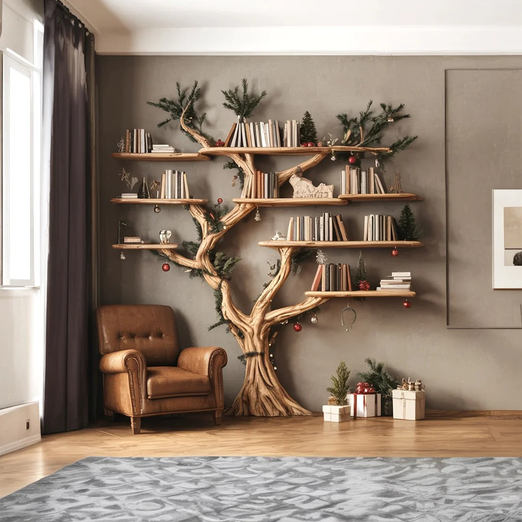 Rustic Tree Shaped Wooden Bookshelf with Branch Design for Living Room Christmas Decor WFNED0159