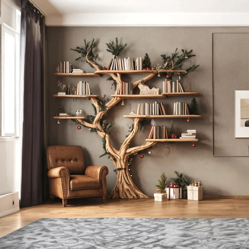 Rustic Tree Shaped Wooden Bookshelf with Branch Design for Living Room Christmas Decor WFNED0159