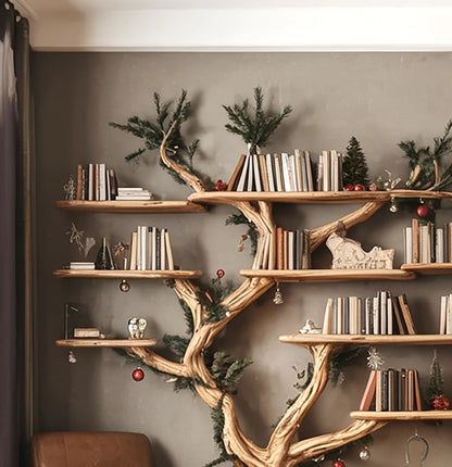 Rustic Tree Shaped Wooden Bookshelf with Branch Design for Living Room Christmas Decor WFNED0159