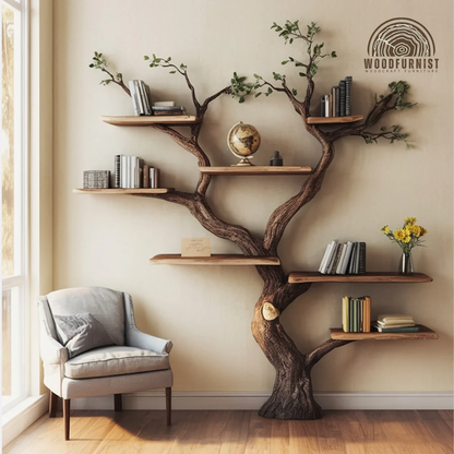 Standing Tree Bookshelf – Handmade Wooden Tree Shelf for Living Room & Home Decor WFNED0164