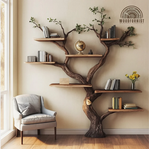 Standing Tree Bookshelf – Handmade Wooden Tree Shelf for Living Room & Home Decor WFNED0164