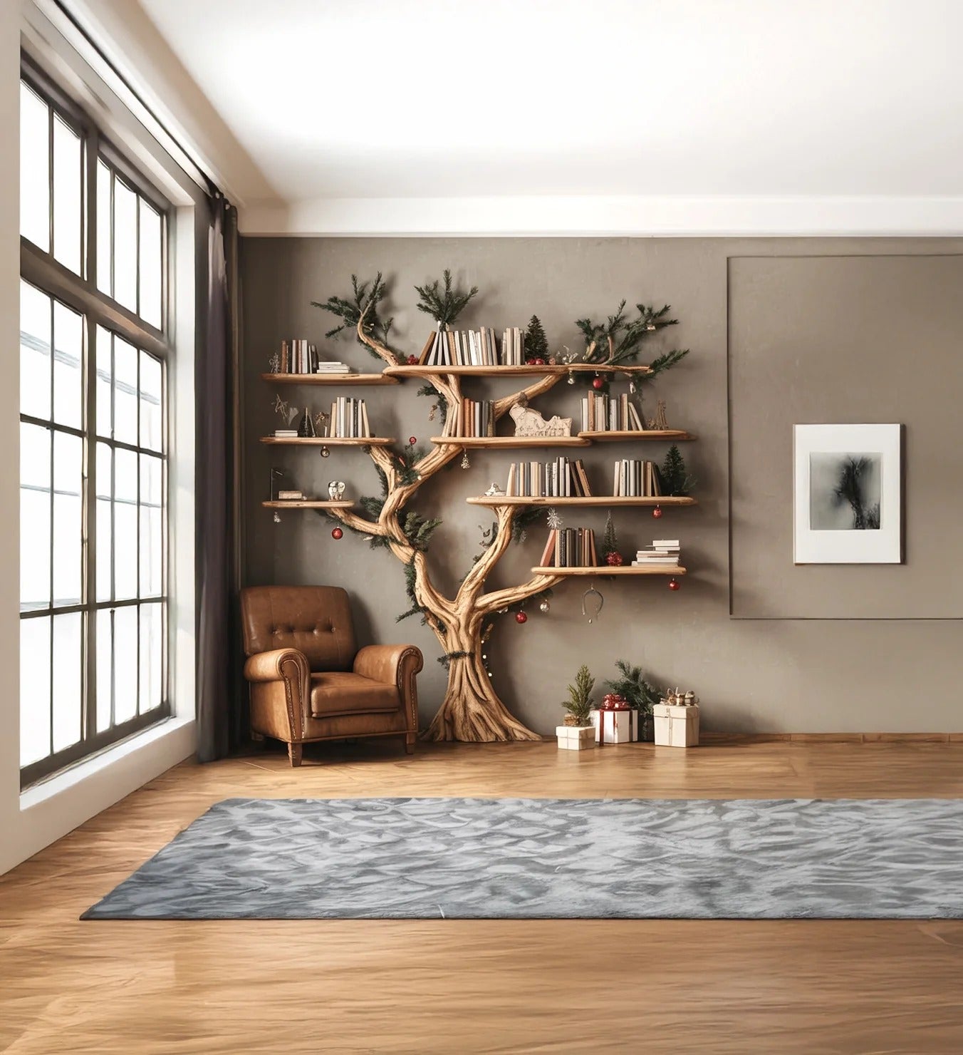 Rustic Tree Shaped Wooden Bookshelf with Branch Design for Living Room Christmas Decor WFNED0159