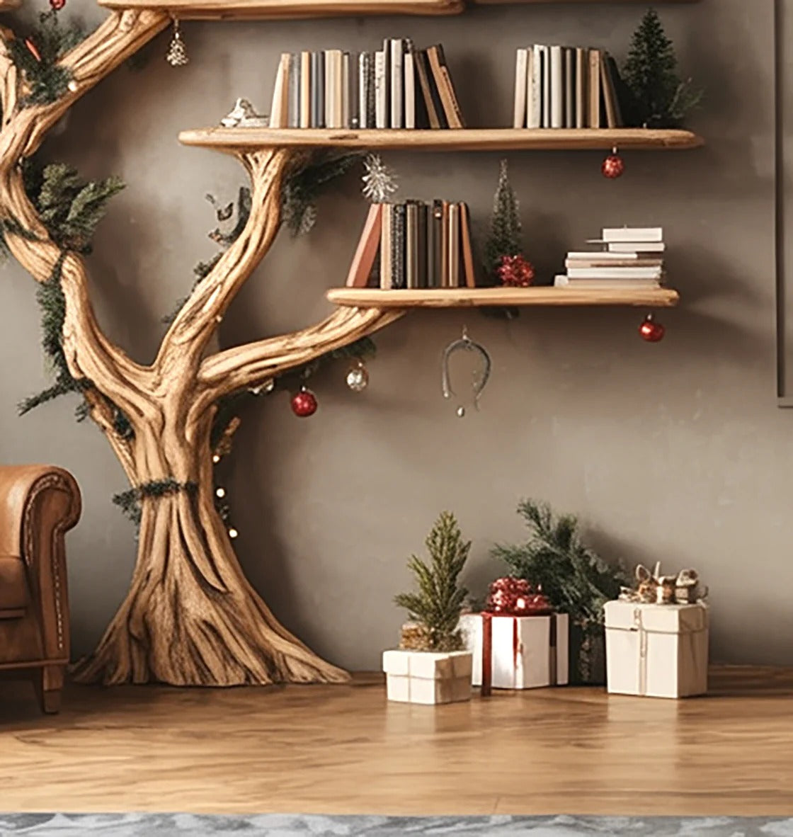 Rustic Tree Shaped Wooden Bookshelf with Branch Design for Living Room Christmas Decor WFNED0159