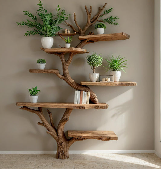 Rustic tree branch shelf with fake leaves