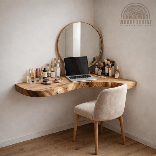 Handmade Live Edge Solid Wood Floating Vanity Desk – Rustic Wall-Mounted Makeup & Workspace Table