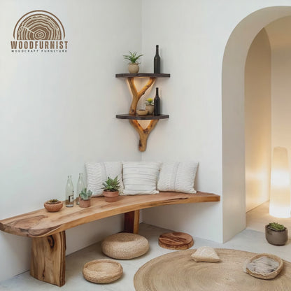 Corner Floating Shelf with LED – Handmade Branch Wood Wall Shelf – Rustic Modern Home Decor by Woodfurnist WFNED0114