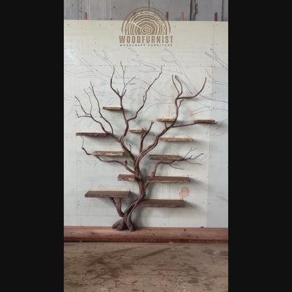 Tree Shaped Bookshelf – Live Edge Wooden Branch Shelf – Handcrafted Wall Art Furniture for Home & Office WFNED0109