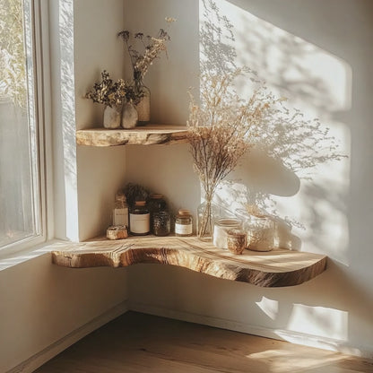 Live Edge Corner Floating Shelves - Handmade Solid Wood Wall Shelves for Rustic Home Décor WFNED0022