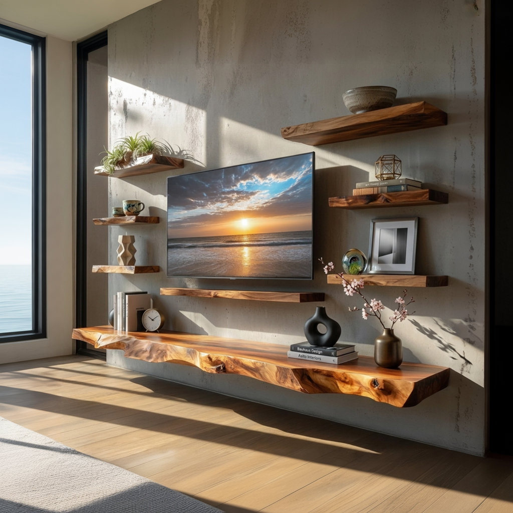 Handcrafted Solid Wood Floating Shelves – Live Edge Wood TV Wall Shelf, Rustic Floating Media Console, Modern Wall Storage Decor