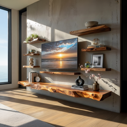 Handcrafted Solid Wood Floating Shelves – Live Edge Wood TV Wall Shelf, Rustic Floating Media Console, Modern Wall Storage Decor