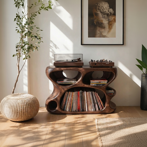 Handcrafted Sculptural Wood Vinyl Record Cabinet – Solid Wood Turntable Stand, Organic LP Storage Console, Modern Music Room Furniture